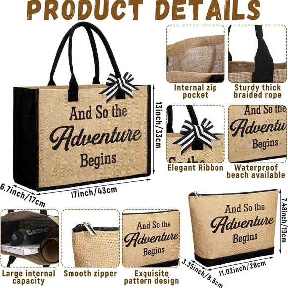 Beach Bag Set Canvas Tote Sun Visor Makeup Bag for Travel Summer - Picture 2 of 7